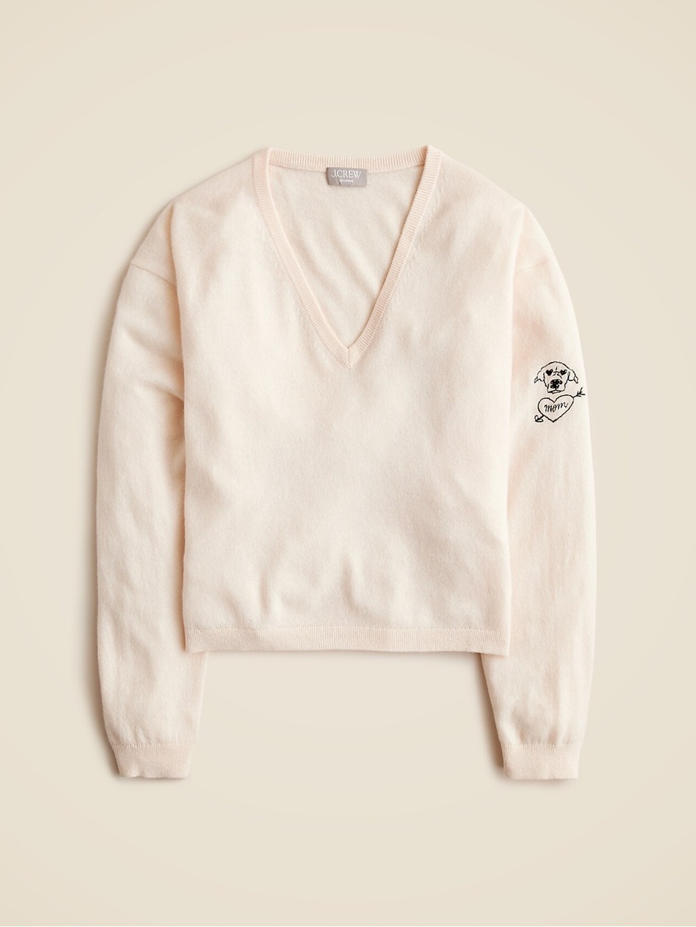 J crew Cashmere relaxed cropped V-neck sweater with "Dog Mom" embroidery XL